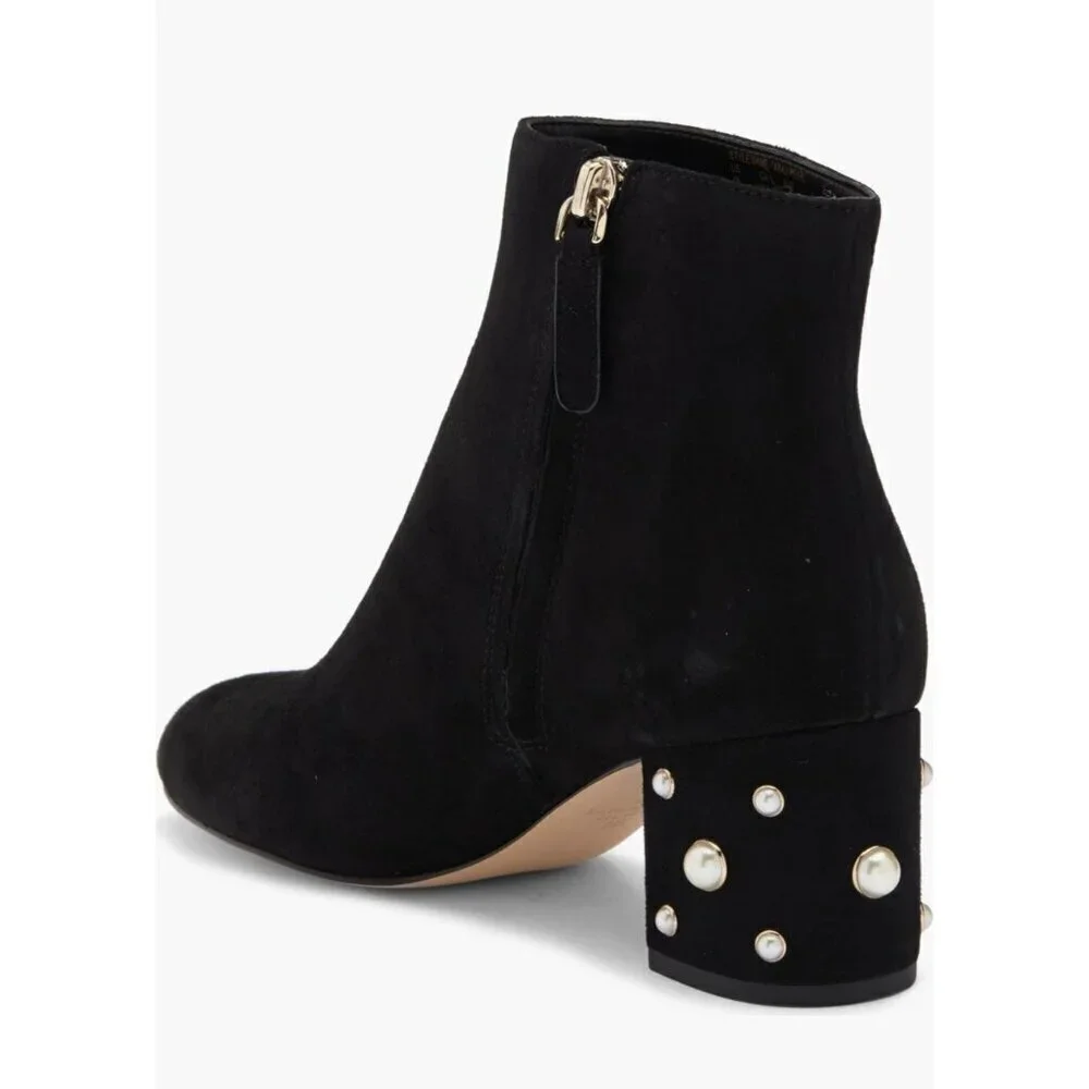 Kate Spade Womens Black Suede Taraji Faux Pearl Block Heel Ankle Bootie Sz 9 New